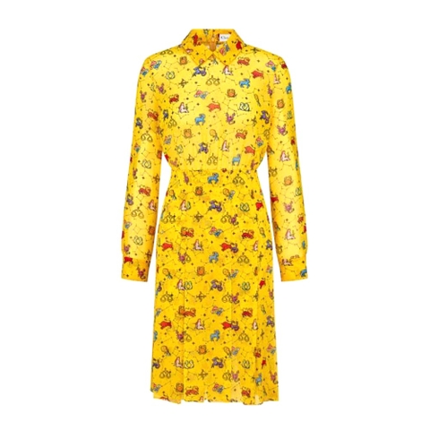 Váy Dior Mid-Length Shirt Dress Yellow Silk Chiffon with Multicolor Dior Pixel Zodiac Motif