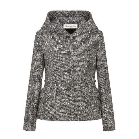 ÁO Dior Women Fitted Hooded Jacket Black and White Technical Wool Tweed and Silk
