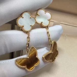 Bông tai Van Cleef & Arpels  Lucky Alhambra xà cừ bướm mắt hổ vàng hồng 18K