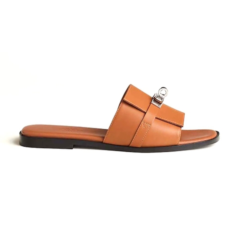 DÉP Hermes Giulia Sandal in Calfskin with Iconic Palladium-Plated Kelly Buckle-Brown
