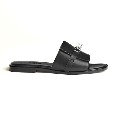 DÉP Hermes Giulia Sandal in Calfskin with Iconic Palladium-Plated Kelly Buckle-Black