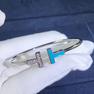 Vòng tay Tiffany & Co T Turquoise ngọc lam vàng trắng 18K