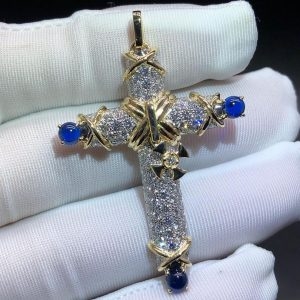Vòng cổ Tiffany & Co Schlumberger dây chuyền hình chữ thập Sapphire xanh nạm kim cương vàng hồng 18K