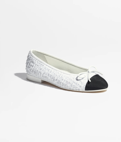 GIÀY CHANEL BALLERINA LOGO Cotton Tweed & Vải Grosgrain Trắng & Đen