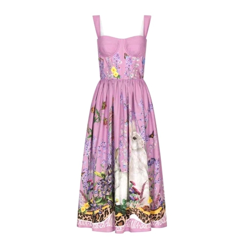 VÁY Dolce Gabbana D&G Women Calf-Length Bustier Dress in Rabbit-Print Poplin