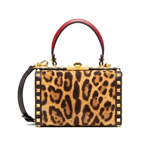 TÚI Valentino Rockstud Alcove Calf Hair Box Bag with Leopard Print