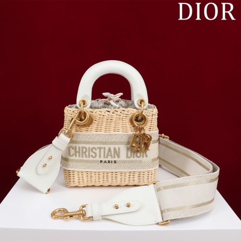 TÚI Dior Women Mini Lady Dior Bag Natural Wicker and Cream Dior Oblique Jacquard dệt tay bằng liễu gai