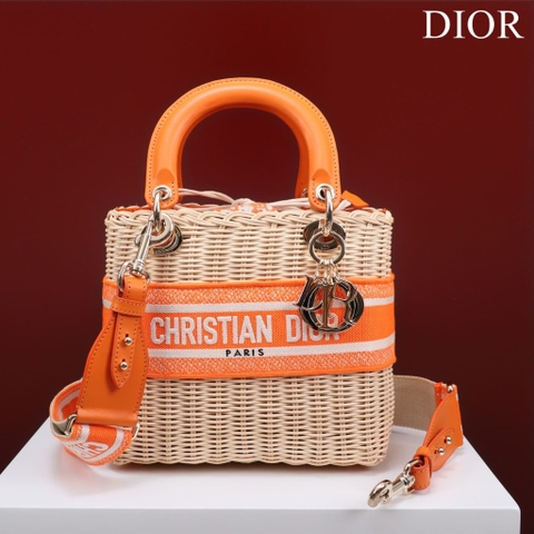 TÚI Dior Women Medium Lady Dior Bag Natural Wicker and Orange Dior Oblique Jacquard dệt tay bằng liễu gai