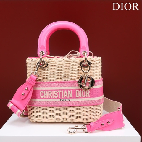 TÚI Dior Women Medium Lady Dior Bag Natural Wicker and Pink Dior Oblique Jacquard dệt tay bằng liễu gai