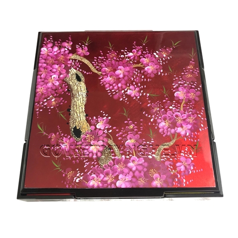 Hộp Mứt Sơn Mài Vuông 30cm - Vẽ hoa đào tím & nền đỏ