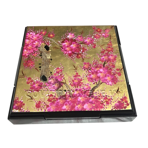 Hộp Mứt Sơn Mài Vuông 30cm - Vẽ hoa đào tím & nền vàng
