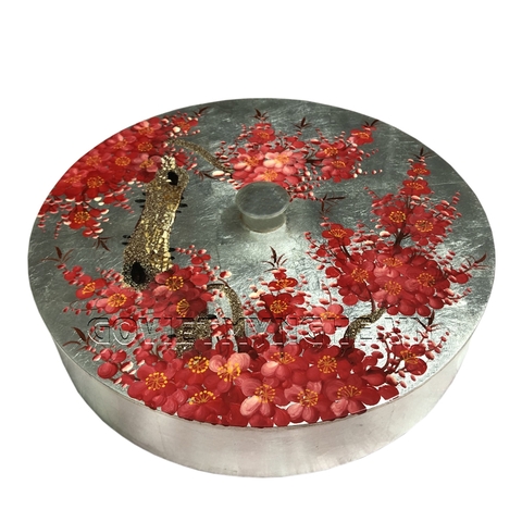 Hộp Mứt Sơn Mài Tròn Φ30cm - Vẽ hoa đào đỏ & nền bạc