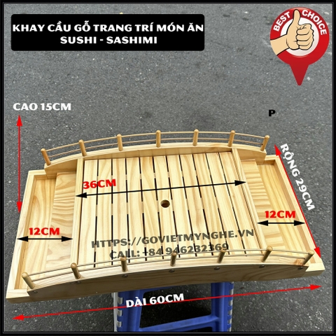 [Dài 60cm - Hàng chuẩn Nhật] Khay cầu gỗ trang trí Sushi Sashimi Nhật Bản _ Khay gỗ trang trí món ăn - 3 tầng - Gỗ thông