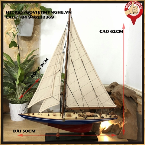 Mô hình thuyền gỗ trang trí du thuyền gỗ Shamrock V - Thân tàu dài 50cm - Sơn màu Đỏ/Xanh