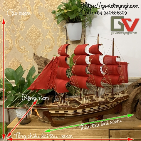 [Dài 77cm] Mô hình tàu thuyền gỗ trang trí phong thủy - France II của Pháp - Thân tàu dài 60cm - Màu Đỏ