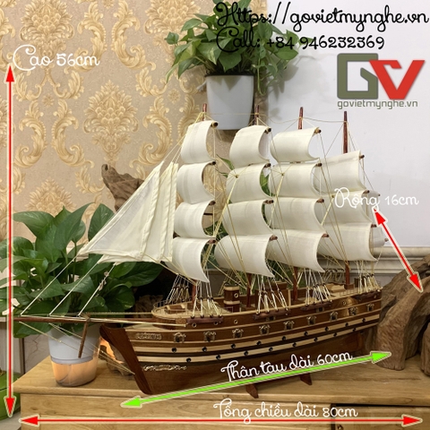 [Dài 80cm] Mô hình thuyền gỗ thuyền trang trí tàu chở hàng Jylland - Thân tàu 60cm - Buồm vải đỏ - Gỗ Tràm