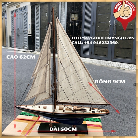 Mô hình thuyền gỗ trang trí du thuyền gỗ Shamrock V - Thân tàu dài 50cm - Sơn màu Đen/Xanh