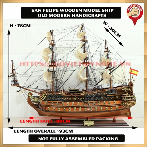 Mô hình thuyền buồm gỗ trang trí - mô hình thuyền gỗ chiến cổ San Felipe của Tây Ban Nha - Chiều dài 80cm - Gỗ Tự Nhiên