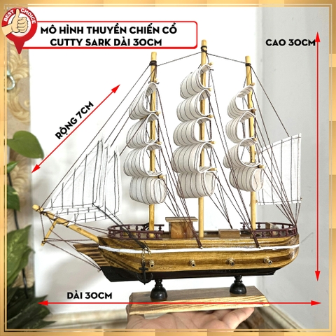 [Dài 30cm - Giao nguyên chiếc] Mô hình thuyền gỗ thuyền trang trí tàu chiến cổ Cutty Sark - Gỗ Sồi - Buồm vải bố