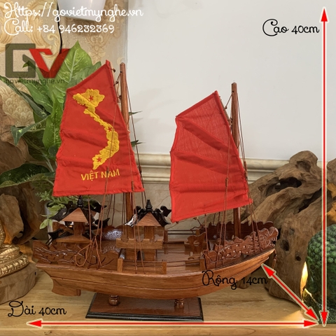 Mô hình tàu thuyền gỗ trang trí tàu Hạ Long Rồng - Dài 40cm - Gỗ Hương - Buồm vải đỏ