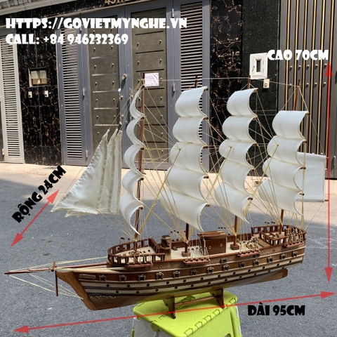 [Dài 95cm] Mô hình thuyền gỗ thuyền trang trí tàu chở hàng Jylland - Thân tàu 80cm - Buồm màu Trắng Vàng - Gỗ Tràm