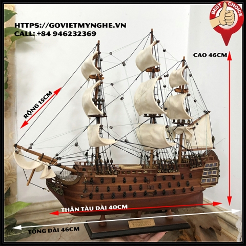 [Dài 46cm - chuẩn xuất khẩu] Mô hình thuyền gỗ thuyền trang trí tàu chiến cổ HMS Victory - Gỗ căm xe - Thân tàu dài 40cm - Buồm vải bố