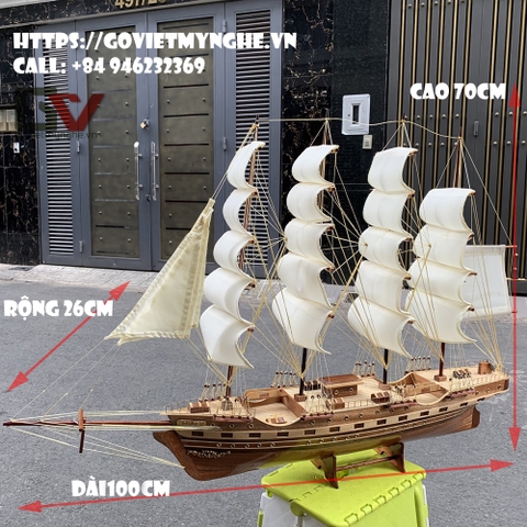 [Dài 100cm - hàng tiêu chuẩn] Mô hình thuyền gỗ thuyền trang trí tàu chở hàng France II - Gỗ tràm - Thân tàu dài 80cm - Buồm vải