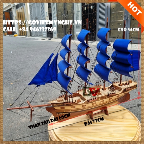 [Dài 77cm] Mô hình tàu thuyền gỗ trang trí phong thủy - France II của Pháp - Thân tàu dài 60cm - Màu Xanh
