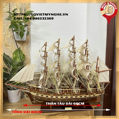 [Dài 80cm] Mô hình thuyền gỗ thuyền trang trí tàu chở hàng France II - Gỗ đỏ - Thân tàu dài 60cm - Buồm vải bố - Loại đẹp