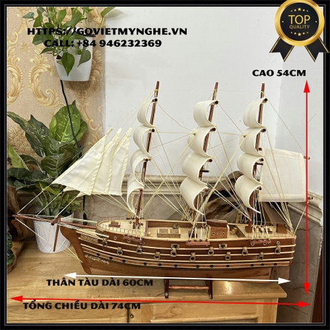[Dài 74cm] Mô hình thuyền gỗ thuyền trang trí thuyền chiến cổ Napoleon - Thân tàu 60cm - Buồm màu Trắng- Gỗ Tràm