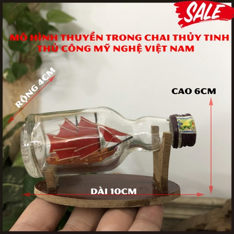 [Thủ công mỹ nghệ Việt Nam] Mô hình thuyền gỗ trang trí trong chai thủy tinh - Buồm đỏ - Dài 10cm