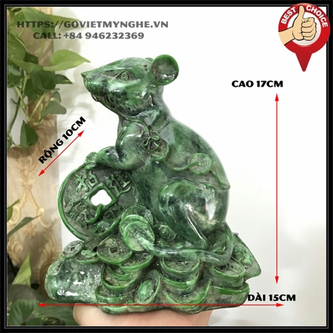 Tượng đá trang trí phong thủy tượng Chuột ôm tài lộc phong thủy cho gia chủ - Chiều cao 17cm - Xanh lục bích