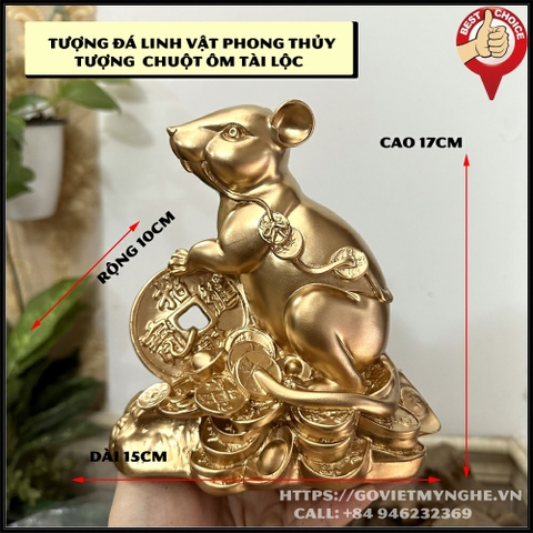 Tượng đá trang trí phong thủy tượng Chuột ôm tài lộc phong thủy cho gia chủ - Chiều cao 17cm - Nhũ Đồng