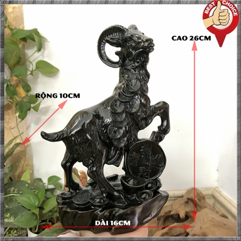 Tượng đá Dê phong thủy trang trí bàn làm việc mang may mắn tài lộc -  Chiều cao 26cm - Màu nâu đen