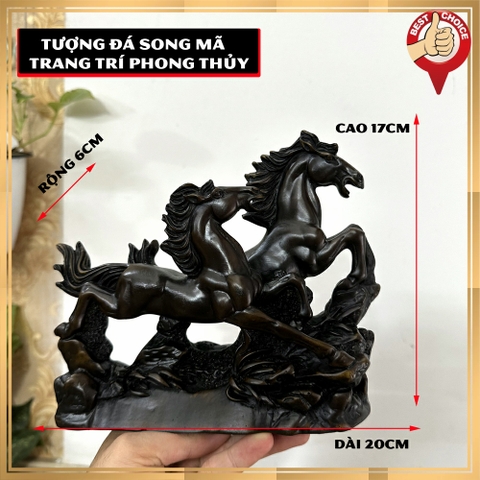 Tượng đá trang trí Ngựa phong thủy - Tượng đá song mã phong thủy để bàn làm việc - Màu nâu đen - Dài 20cm