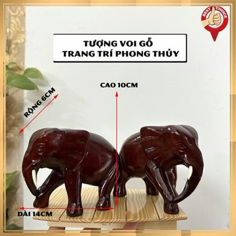 Cặp 2 tượng voi gỗ trang trí phong thủy mang may mắn tài lộc cho gia chủ - Dài 14cm - Gỗ tự nhiên