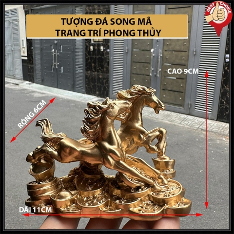 Tượng đá trang trí Ngựa phong thủy - Tượng đá song mã phong thủy để bàn làm việc - Dài 11cm - Màu nhũ đồng