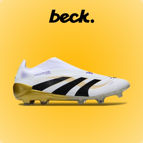 Giày Bóng Đá Adidas Predator 25 Elite Laceless Trắng Vàng Vạch Đen Không Dây FG