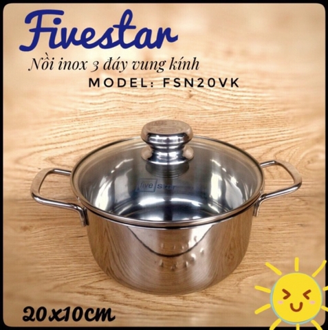 Nồi inox Fivestar 3 đáy inox 430 16 cm vung kính, đun từ