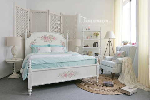 Giường Farmhouse có hoa trang trí đệm 1m6 - GI1