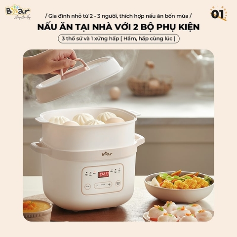 Nồi Nấu Chậm Bear 1.6L Thế Hệ Mới Bản TIẾNG VIỆT SB-NNC16 - 3 Thố Sứ Kèm Xửng Hấp