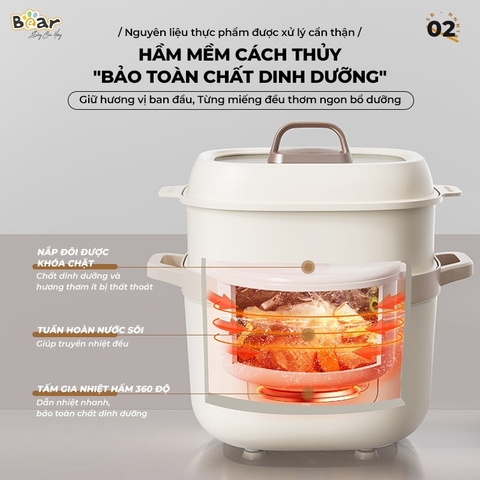 Nồi Nấu Chậm Bear 1.6L Thế Hệ Mới Bản TIẾNG VIỆT SB-NNC16 - 3 Thố Sứ Kèm Xửng Hấp