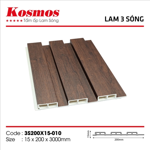 Lam nhựa 3 sóng Kosmos 3S200x15-010 vân gỗ màu nâu