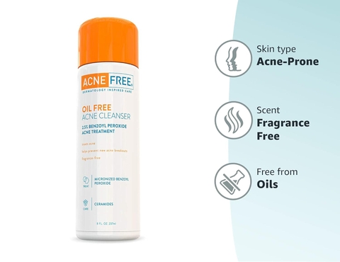 Sữa rửa mặt trị mụn không chứa dầu Acne Free, Benzoyl Peroxide 2,5%, ngăn ngừa và điều trị mụn, 8 oz