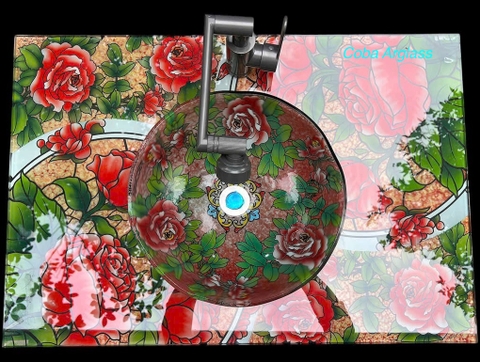 Bộ chậu rửa tay bằng kính điêu khắc hoạ tiết Coba Artglass