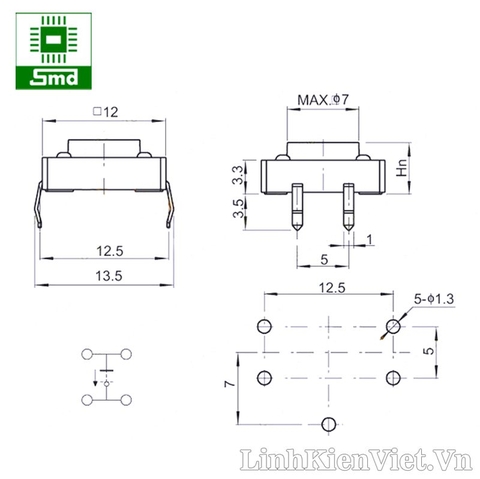 Phím bấm 4 chân 12x12x6mm chống nước (DIP)