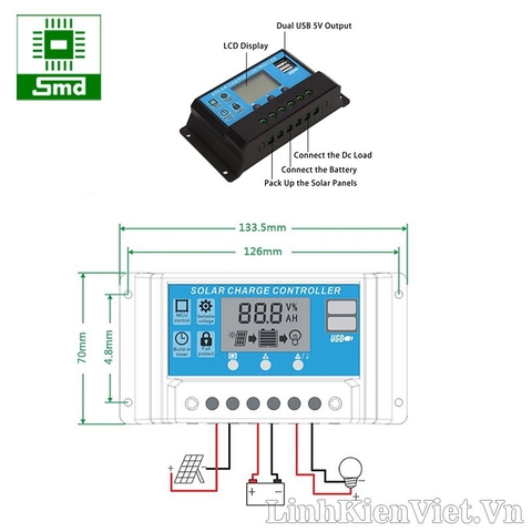 Bộ điều khiển sạc pin mặt trời 12V/24V 10A có USB