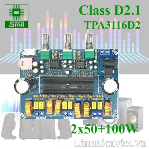 Mạch khuếch đại âm thanh classD 2.1 2x50W + 100W TPA3116D2 chip cắm V2