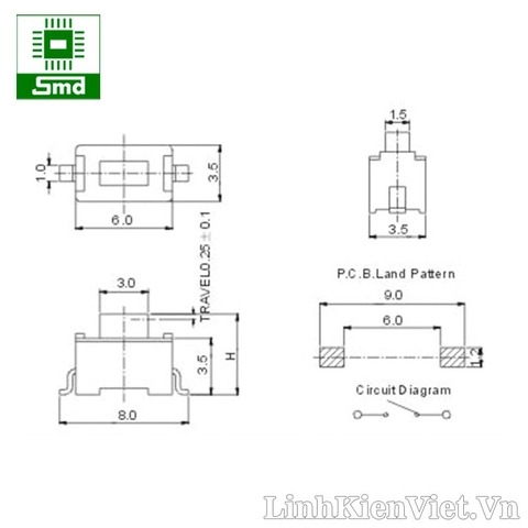 Nút nhấn trắng 2 chân 3x6x4.3mm SMD