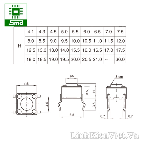 Phím bấm 4 chân 6x6x8.5mm (DIP)